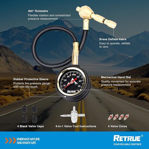 RETRUE Tire Deflator - 70 PSI Tire Deflators Kit with Gauge, 4x4 Adjustable Off Road Tire Air Down Tool for Trucks, ATV & Motorcycles, Black in Kuwait