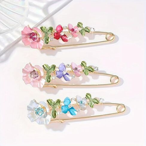 3pcs Bohemian Rhinestone Crystal Flower Decorative Pins Brooch Clip Clasp Safety Pin for Clothing Scarves Shawl Buttons in Saudi Arabia