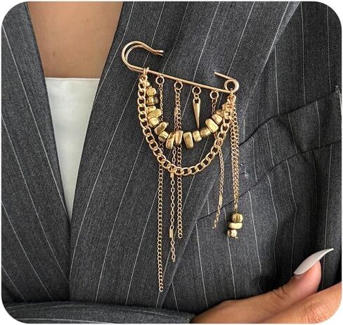 دبابيس شرابة بسلسلة ذهبية مكتنزة للبدلة، دبوس معدني طويل لطية صدر السترة للنساء والرجال، بروش سلسلة كوبية مطرز غير منتظم Y2k in Kuwait