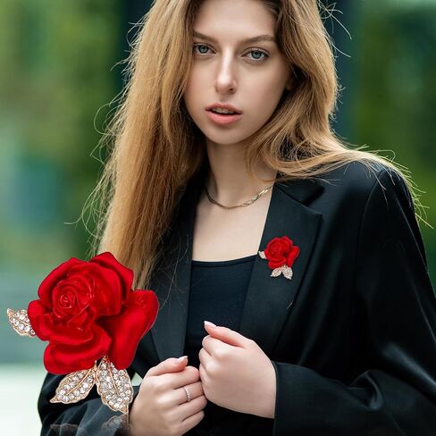 دبوس بروش وردي للنساء، دبوس زهرة أحمر من المينا، دبابيس بروش أنيقة من حجر الراين على شكل زهور، دبابيس على شكل طية صدر السترة، هدايا إكسسوارات in Kuwait