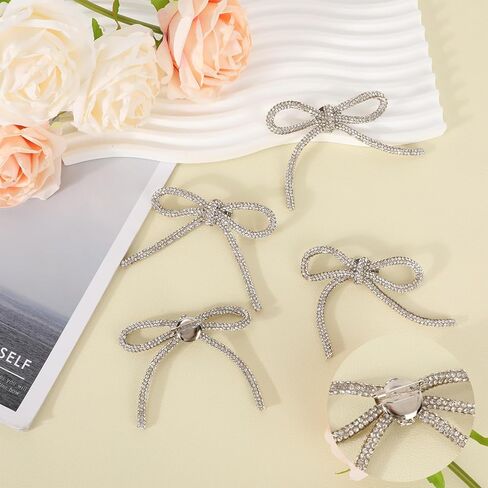 4pcs Rhinestone Bow Pin, Delicate Chic Silver-Colored Rhinestone Bow Brooch Pin for Women Hats Dress Suit Shirt Buttons in Saudi Arabia