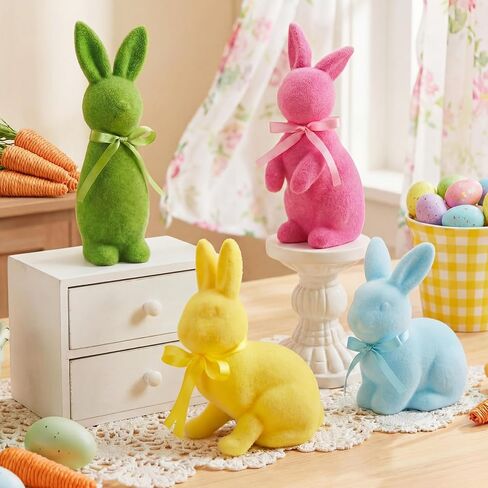 Wesiti 4 Pcs Easter Flocked Bunny Table Decoration with Bow Tie 9/7 Inch Flocked Bunnies Figurines Table Centerpiece Rabbit Lawn Garden Tabletop Decor for Easter Spring Home Office Indoor Party Gift in Saudi Arabia