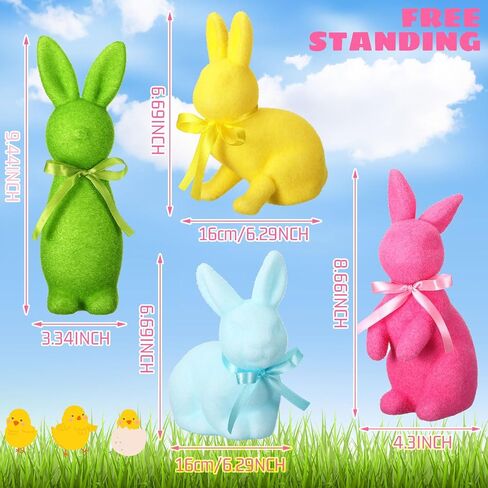 Wesiti 4 Pcs Easter Flocked Bunny Table Decoration with Bow Tie 9/7 Inch Flocked Bunnies Figurines Table Centerpiece Rabbit Lawn Garden Tabletop Decor for Easter Spring Home Office Indoor Party Gift in Saudi Arabia