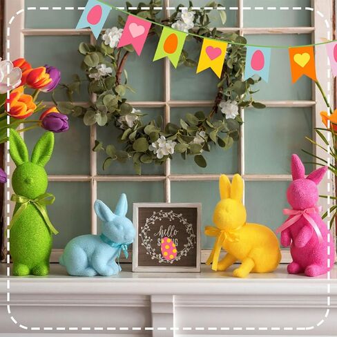 Wesiti 4 Pcs Easter Flocked Bunny Table Decoration with Bow Tie 9/7 Inch Flocked Bunnies Figurines Table Centerpiece Rabbit Lawn Garden Tabletop Decor for Easter Spring Home Office Indoor Party Gift in Saudi Arabia