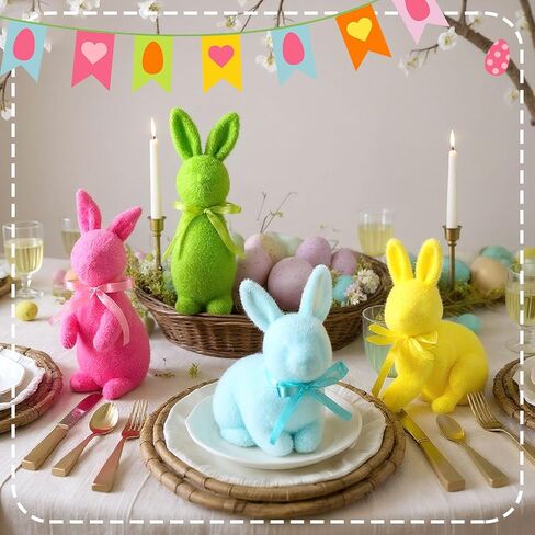 Wesiti 4 Pcs Easter Flocked Bunny Table Decoration with Bow Tie 9/7 Inch Flocked Bunnies Figurines Table Centerpiece Rabbit Lawn Garden Tabletop Decor for Easter Spring Home Office Indoor Party Gift in Saudi Arabia