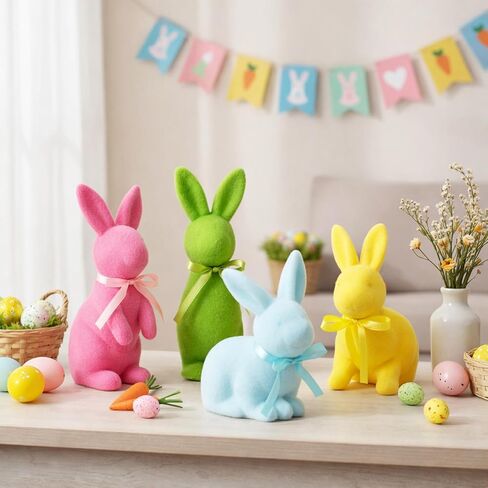 Wesiti 4 Pcs Easter Flocked Bunny Table Decoration with Bow Tie 9/7 Inch Flocked Bunnies Figurines Table Centerpiece Rabbit Lawn Garden Tabletop Decor for Easter Spring Home Office Indoor Party Gift in Saudi Arabia