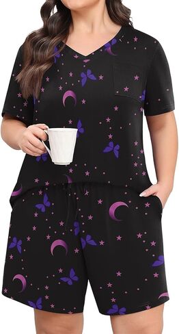 Lastshe طقم بيجامة مقاس كبير للسيدات صيفي بدون أكمام وسروال قصير Pjs ناعم مكون من قطعتين طقم صالة مع جيوب ملابس نوم in Kuwait