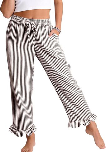 COZYPOIN Women's Striped Wide Leg Pants Drawstring Elastic Waist Cotton Pajama Pants Fashion Ruffle Hem Lounge Pj Bottoms in Kuwait