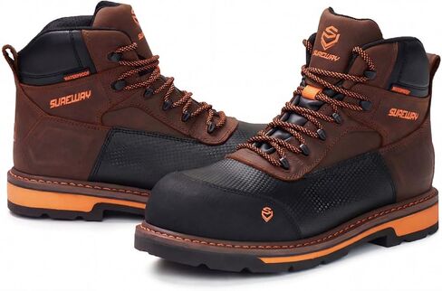 حذاء عمل SUREWAY ناعم/مركب عالي التحمل مقاوم للماء، للرجال مقاس 6 بوصات من Goodyear Welt Oil/مقاوم للانزلاق مزدوج الكثافة، نعل خارجي مريح من الجلد، أحذية عمل برباط للسلامة الصناعية - بني in Kuwait
