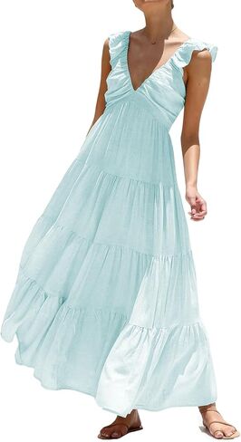 ebossy Women Flowy Tunic Beach Dress Sexy V Neck Ruffles Cap Sleeve Shirred Tiered Maxi Sundress in Saudi Arabia