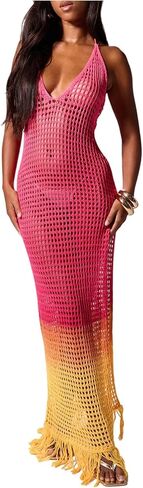 Milumia Women's Tie Dye Crochet Knit Halter Maxi Dress Sexy Deep V Neck High Slit Summer Vacation Dresses in Saudi Arabia
