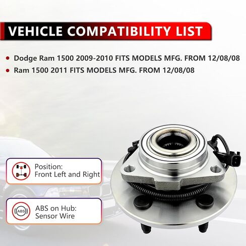 Pair 515126 Front Wheel Hub and Bearing Assembly for 2009-2011 Dodge Ram 1500 W/ABS 5-lugs Wheel Bearing Driver Passenger Side in Kuwait