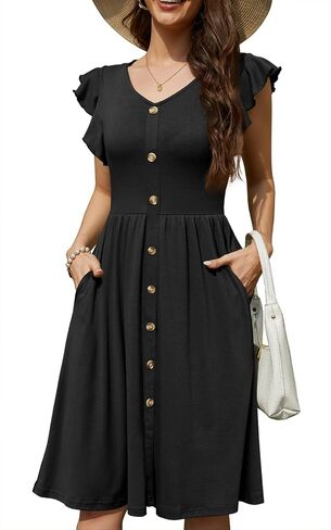 Lamilus Women's 2026 Summer Casual Swing Knee-Length Dress: V-Neck Ruffle Sleeves, Front Button Down with Side Pockets in Kuwait