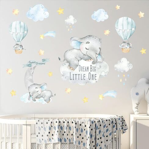 Yovkky Blue Watercolor Boy Elephant Wall Decals, Sweet Dream Big Little One Sticker Moon Hot Air Balloon Star Nursery Decor, Home Baby Shower Room Decoration Kid Toddler Crib Bedroom Playroom Art Gift in Kuwait
