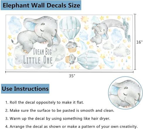 Yovkky Blue Watercolor Boy Elephant Wall Decals, Sweet Dream Big Little One Sticker Moon Hot Air Balloon Star Nursery Decor, Home Baby Shower Room Decoration Kid Toddler Crib Bedroom Playroom Art Gift in Kuwait