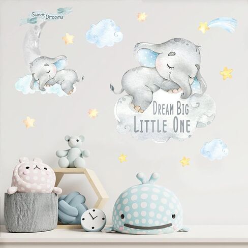 Yovkky Blue Watercolor Boy Elephant Wall Decals, Sweet Dream Big Little One Sticker Moon Hot Air Balloon Star Nursery Decor, Home Baby Shower Room Decoration Kid Toddler Crib Bedroom Playroom Art Gift in Kuwait