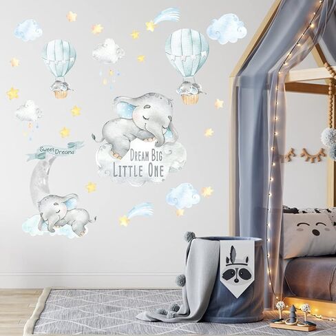 Yovkky Blue Watercolor Boy Elephant Wall Decals, Sweet Dream Big Little One Sticker Moon Hot Air Balloon Star Nursery Decor, Home Baby Shower Room Decoration Kid Toddler Crib Bedroom Playroom Art Gift in Kuwait