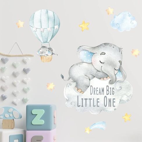 Yovkky Blue Watercolor Boy Elephant Wall Decals, Sweet Dream Big Little One Sticker Moon Hot Air Balloon Star Nursery Decor, Home Baby Shower Room Decoration Kid Toddler Crib Bedroom Playroom Art Gift in Kuwait
