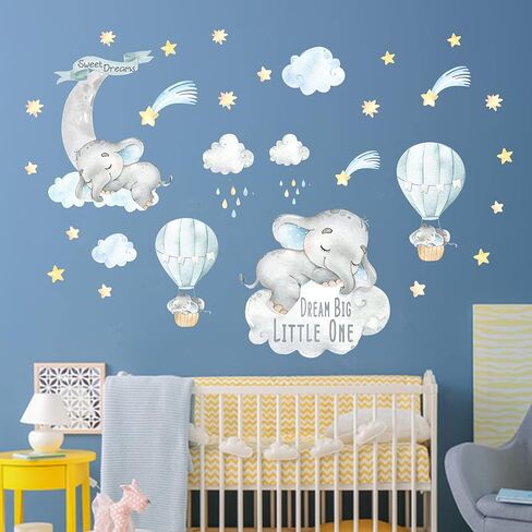 Yovkky Blue Watercolor Boy Elephant Wall Decals, Sweet Dream Big Little One Sticker Moon Hot Air Balloon Star Nursery Decor, Home Baby Shower Room Decoration Kid Toddler Crib Bedroom Playroom Art Gift in Kuwait
