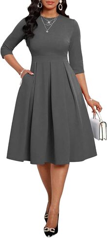 Fall Dresses for Women Semi-Formal Fit Casual Slim Mid Sleeves O-Neck Elegant Swing A Line Midi Dresses in Kuwait