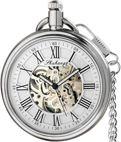 Mechanical Pocket Watch for Men Women Open Face Pocket Watches with Chain Roman No. Self Winding Automatic Skeleton Pocketwatch Birthday Wedding Gifts for Dad Mom in Kuwait