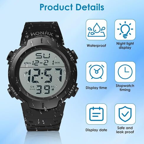 ساعة رياضية رقمية للرجال، ساعات يد مقاومة للماء مع شاشة عرض خلفية LED كبيرة ومنبه لعرض التاريخ للتدريب على السباحة والجري والأنشطة الداخلية الخارجية in Kuwait