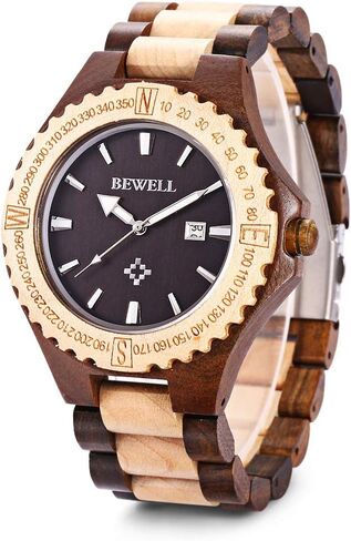 ساعة يد BEWELL ZS-W023A خشبية للرجال بحركة كوارتز خفيفة الوزن مصنوعة يدويًا بتقويم تناظري in Kuwait