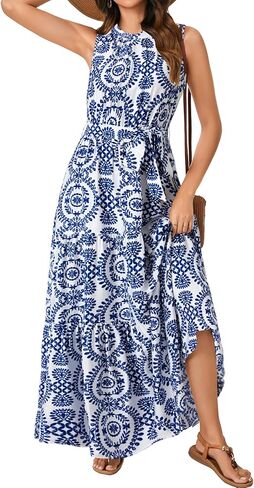 Rooscier Women's Sleeveless Boho Halter Neck Print Tiered A Line Beach Maxi Dress in Saudi Arabia