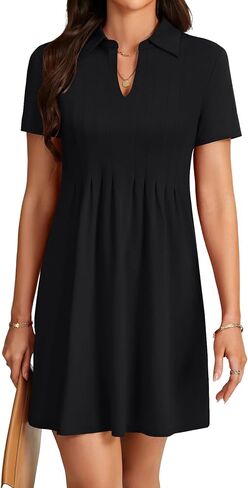 KIFOVEN Women's Pleated Collared V Neck Short Sleeve Loose Fit Casual Mini Dress in Kuwait
