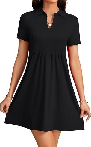 KIFOVEN Women's Pleated Collared V Neck Short Sleeve Loose Fit Casual Mini Dress in Saudi Arabia
