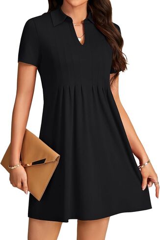 KIFOVEN Women's Pleated Collared V Neck Short Sleeve Loose Fit Casual Mini Dress in Saudi Arabia
