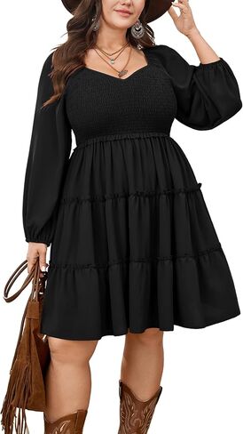 Plus Size Spring Dresses for Curvy Women Smocked Long Sleeve Flowy Western Fall Mini Short Dress in Kuwait