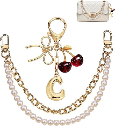 Cherry Bag Charms Keychain - 2 Pcs Cute Initial Bow Keyring Pearl Chain Purse Charm for Handbags Women Birthday Gifts in Kuwait