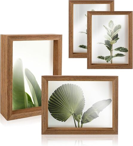 5x7 Floating Picture Frames Set of 4, Double Sided Glass Photo Frame Wood, Brown Floating Picture Frames Display for Wall Mount or Tabletop Standing in Saudi Arabia