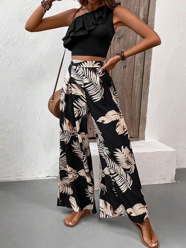 womens two piece outfits summer Pleated Black Top And Hawaiian Wide Leg Pants Casual 2pcs Outfit(Size:Small) in Saudi Arabia