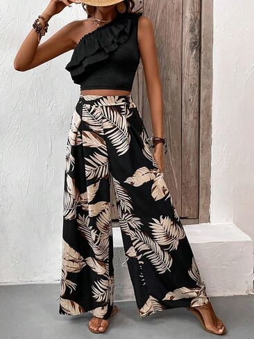 womens two piece outfits summer Pleated Black Top And Hawaiian Wide Leg Pants Casual 2pcs Outfit(Size:Small) in Saudi Arabia