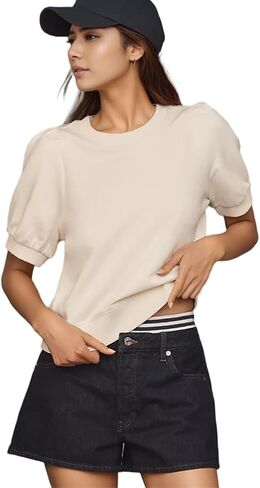 سويت شيرت بأكمام قصيرة منتفخة للنساء، كاجوال برقبة دائرية، سويت شيرت صيفي محبوك للعمل in Kuwait