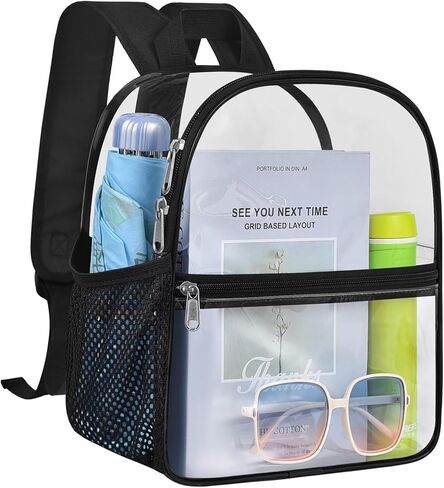 حقيبة ظهر شفافة لمناسبات الاستاد، حقيبة بلاستيكية شفافة صغيرة مقاس 12 × 12 × 6 مع أشرطة معززة لحفلة مهرجان أمن الألعاب (أسود) in Kuwait
