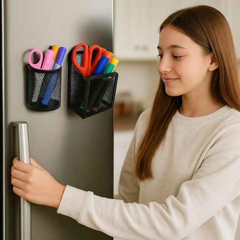 مجموعة منظم الثلاجة والخزانة المغناطيسية للعودة إلى المدرسة من Dranup - 2 حامل أقلام معدني، 1 مشبك حديدي، 3 زخارف زهور مغناطيسية | تنظيم غرفة النوم والمطبخ in Kuwait