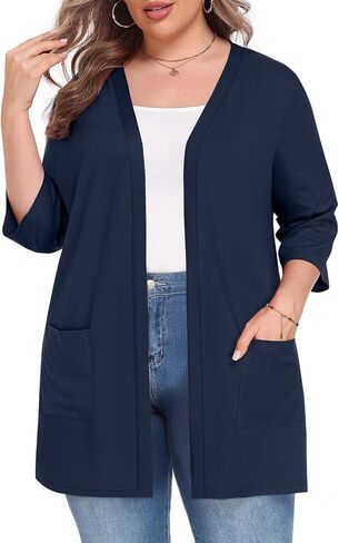 Women's Plus Size Lightweight Open Front Cardigan 3/4 Sleeve Casual Soft Cover ups with Pockets in Kuwait