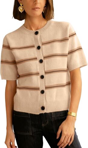 Lianlive Striped Cardigan Sweater for Women Casual Crewneck Short Sleeve Knit Tops Button-Down Fall Knitwear Cardigans in Kuwait