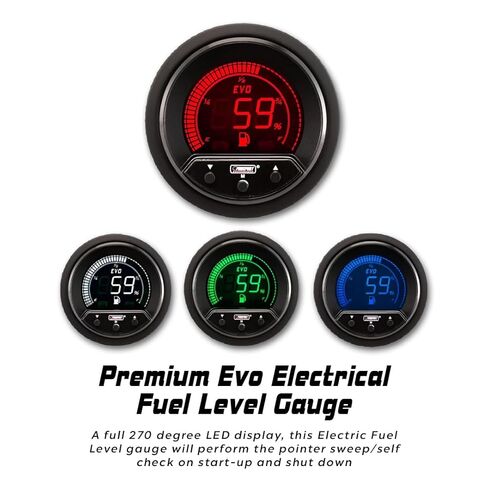 Prosport 52mm Premium EVO Electrical Fuel Level Gauge – LED Dial Display, Programmable Low Fuel Warning, Peak Recall, 4-Color Backlight – Includes Wiring & Mount Kit – 12V Vehicles in Kuwait