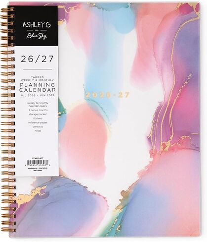 Blue Sky Ashley G 2026-2027 Weekly and Monthly Academic Year Planner Calendar, July 2026 - June 2027, 8.5" x 11", Flexible Cover, Wirebound, Laminated Tabs, Storage Pocket, Includes Sticker Sheet, Multi Color Smoke in Saudi Arabia