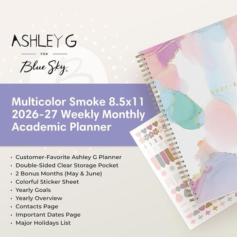 Blue Sky Ashley G 2026-2027 Weekly and Monthly Academic Year Planner Calendar, July 2026 - June 2027, 8.5" x 11", Flexible Cover, Wirebound, Laminated Tabs, Storage Pocket, Includes Sticker Sheet, Multi Color Smoke in Saudi Arabia