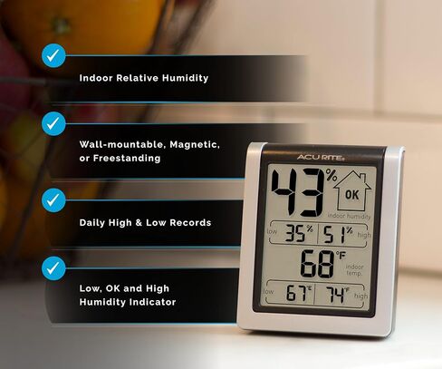 AcuRite 00613 Digital Hygrometer & Indoor Thermometer Pre-Calibrated Humidity Gauge, 3" H x 2.5" W x 1.3" D, Black in Kuwait