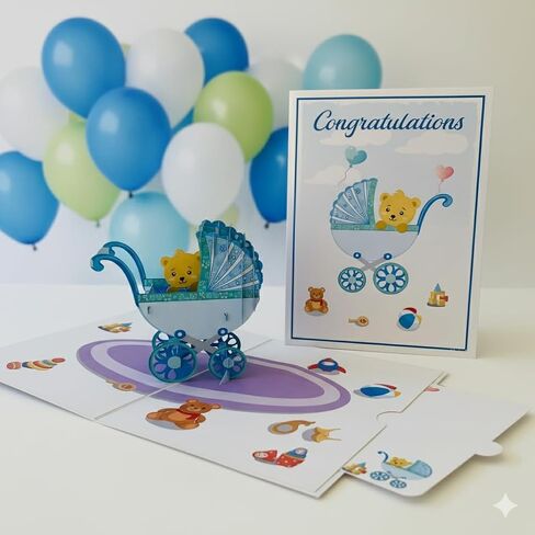 Baby Shower Pop Up Card for Boy Girl by DEVINE Popup Cards | New Baby Stroller Congratulations | Welcome Home Baby | 3D Gift Card Thank You | Congratulations Baby Card in Saudi Arabia