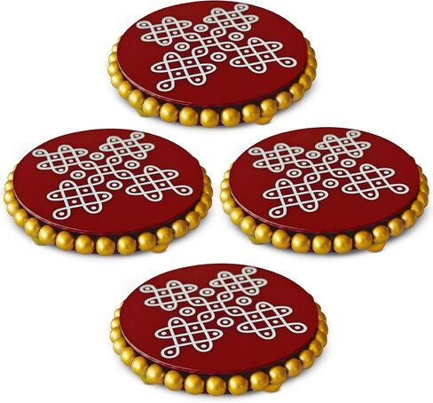 Decorative Round Coffee Table Riser with Gold Beaded Edge, Red & Brown Top with Kolam design, Indian Return Gift, Diwali, Pooja, 6 Inch Diameter, Set of 4 (Red) in Saudi Arabia