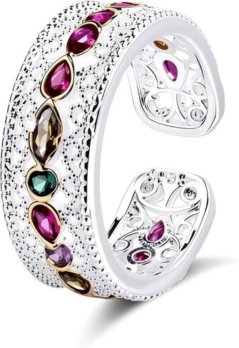 Silver Filigree Colourful Cubic Zirconia Rings for Women Unique Vintage Rainbow Stone Rings Gifts for Girlfriend in Kuwait