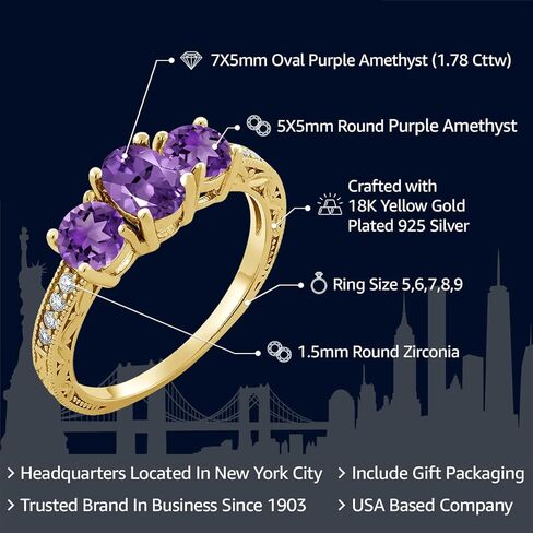 Gem Stone King 18K Yellow Gold Plated Silver Purple Amethyst Ring For Women | 1.78 Cttw | Oval 7X5MM | Gemstone Birthstone | Wedding Engagement Anniversary Promise Ring For Women in Kuwait