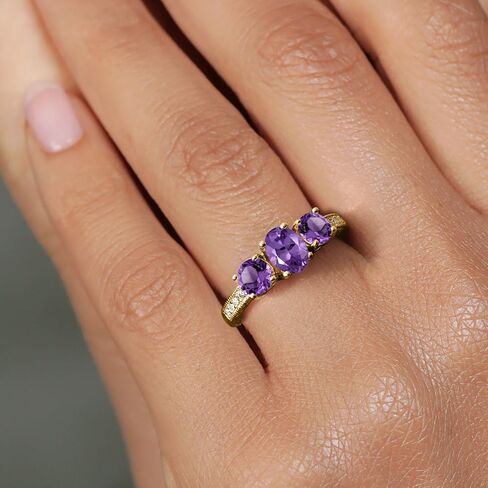 Gem Stone King 18K Yellow Gold Plated Silver Purple Amethyst Ring For Women | 1.78 Cttw | Oval 7X5MM | Gemstone Birthstone | Wedding Engagement Anniversary Promise Ring For Women in Kuwait